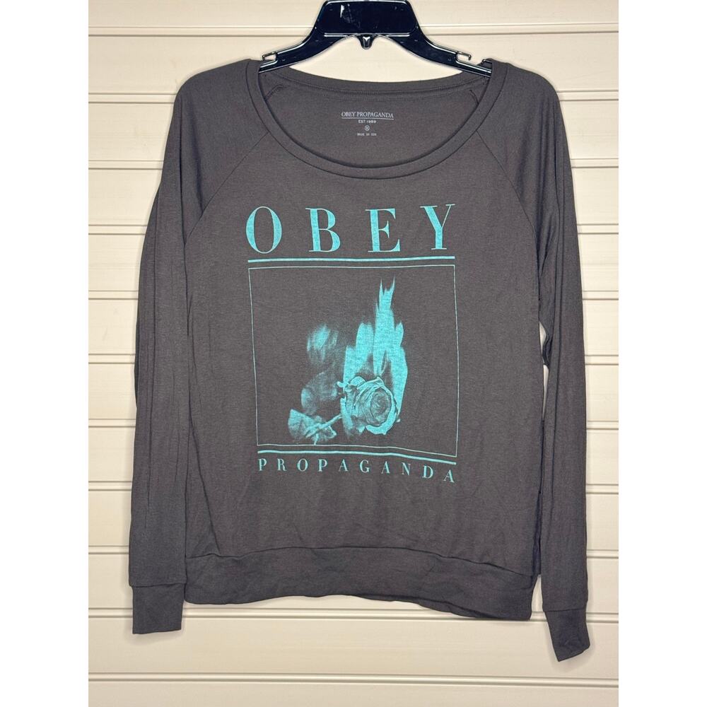Obey Propaganda Women's Medium Long Sleeve Graphic Shirt Charcoal Blue